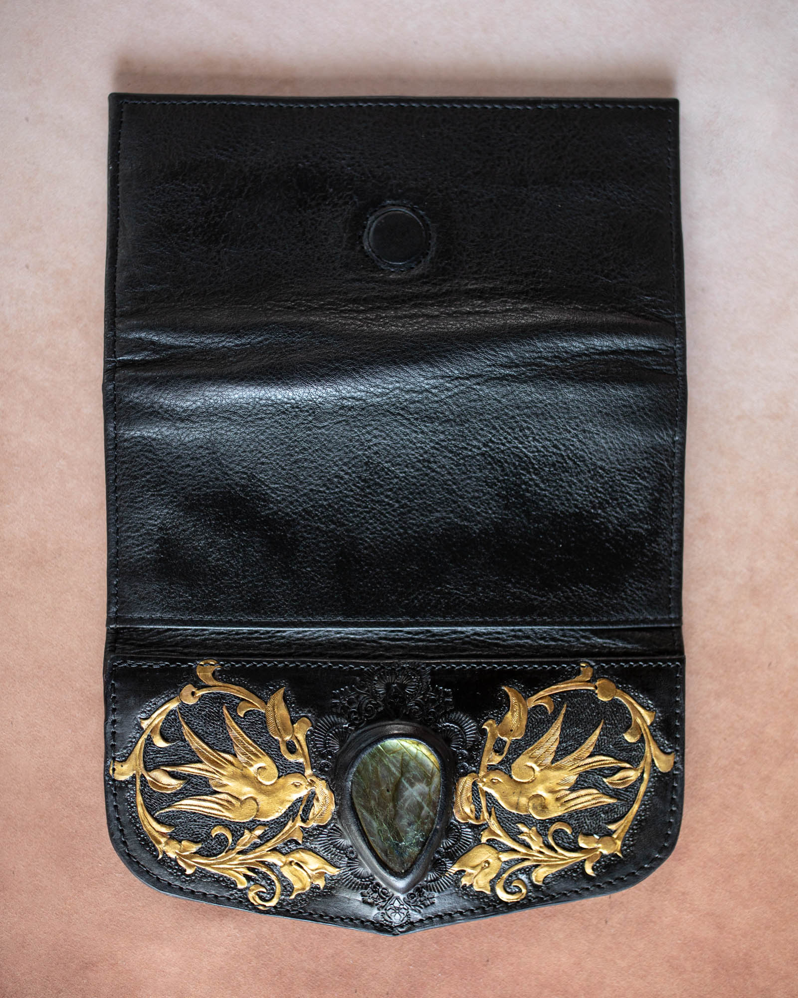 Black & Gold Swallow Wallet with Labradorite