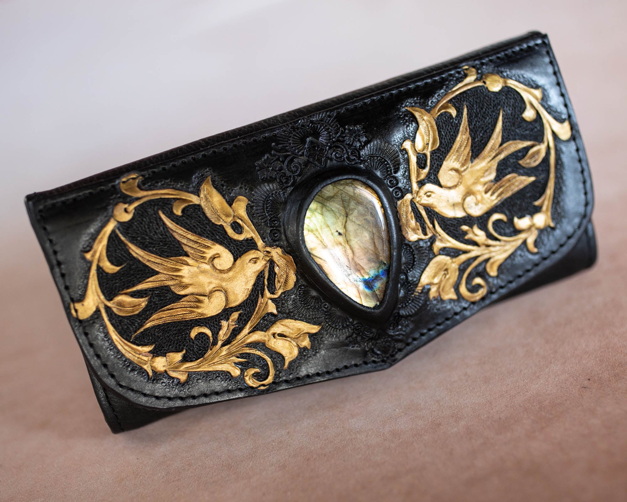 Black & Gold Swallow Wallet with Labradorite