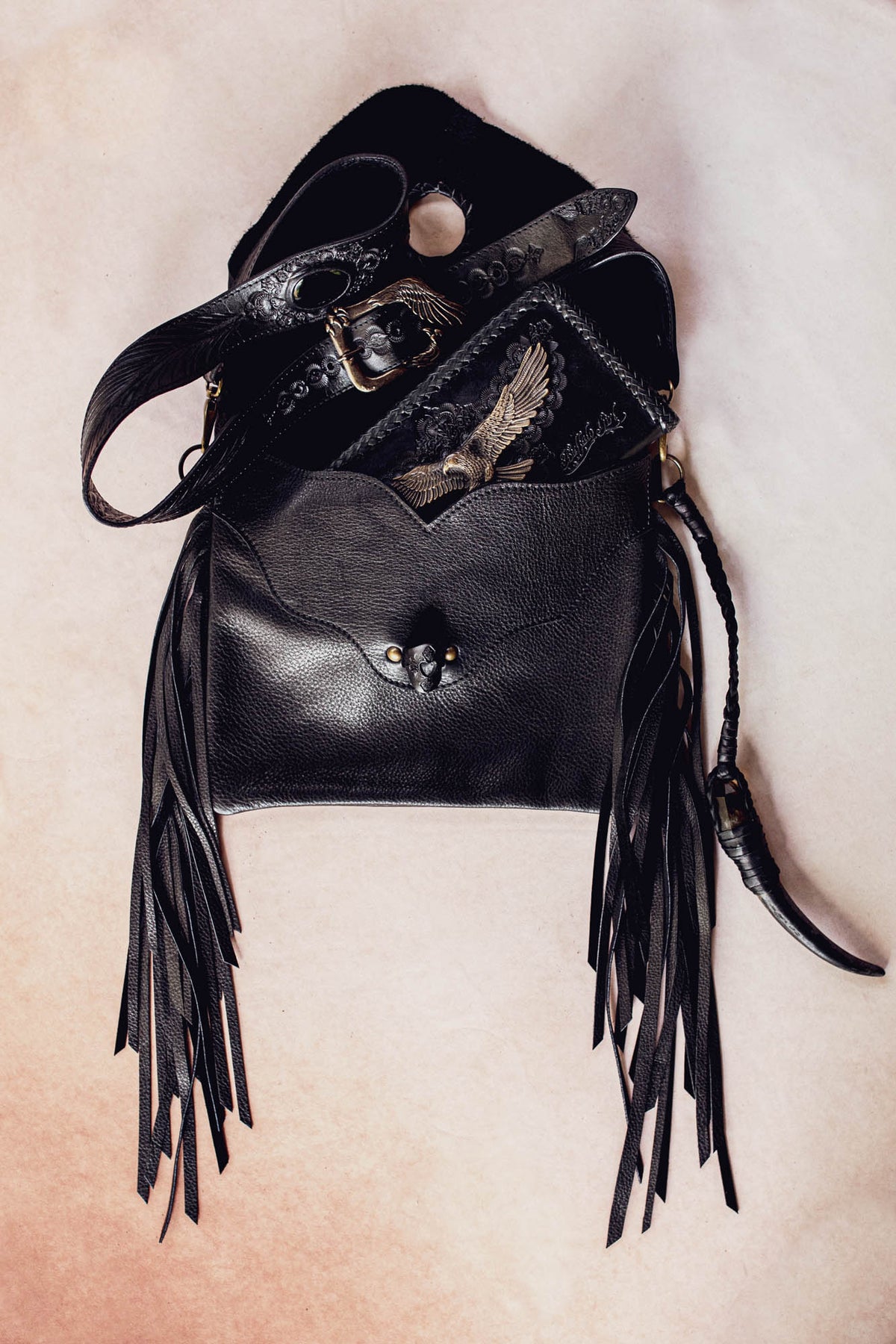 Black Magic Nomad Bag with Stag Horn & Smoky Quartz Wand