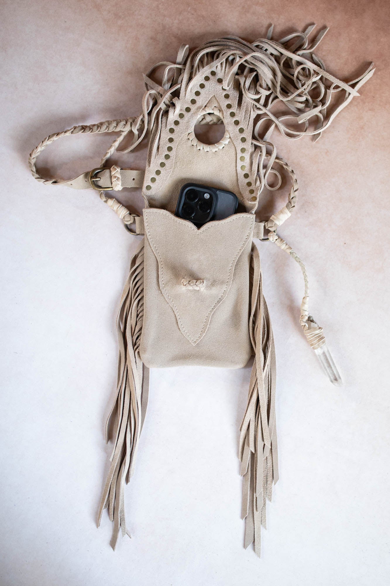 Tasselled Nomad Phone Pouch with Quartz Crystal