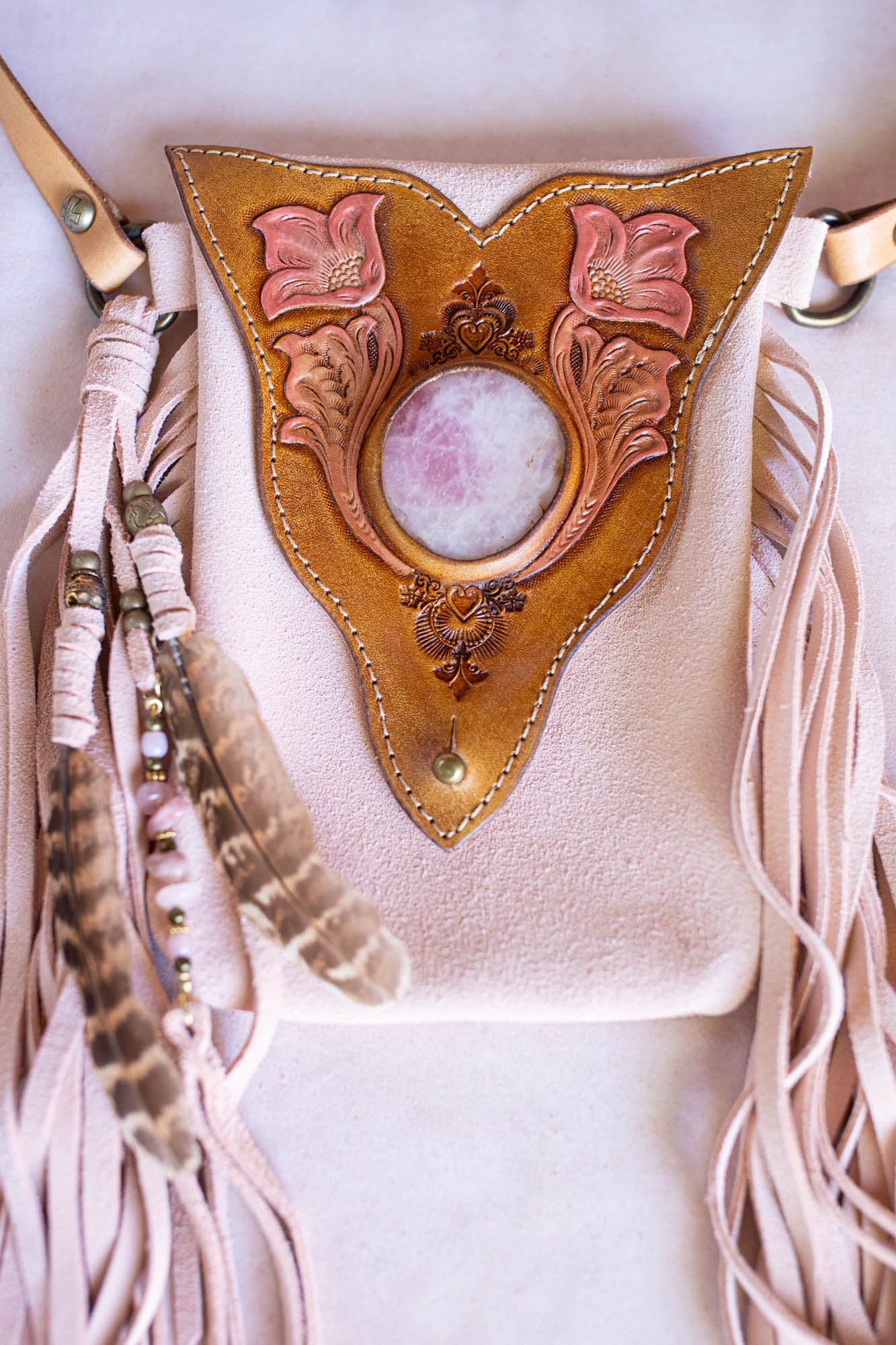 Western Floral Gypsy Wanderer Phone Pouch with Rose Quartz