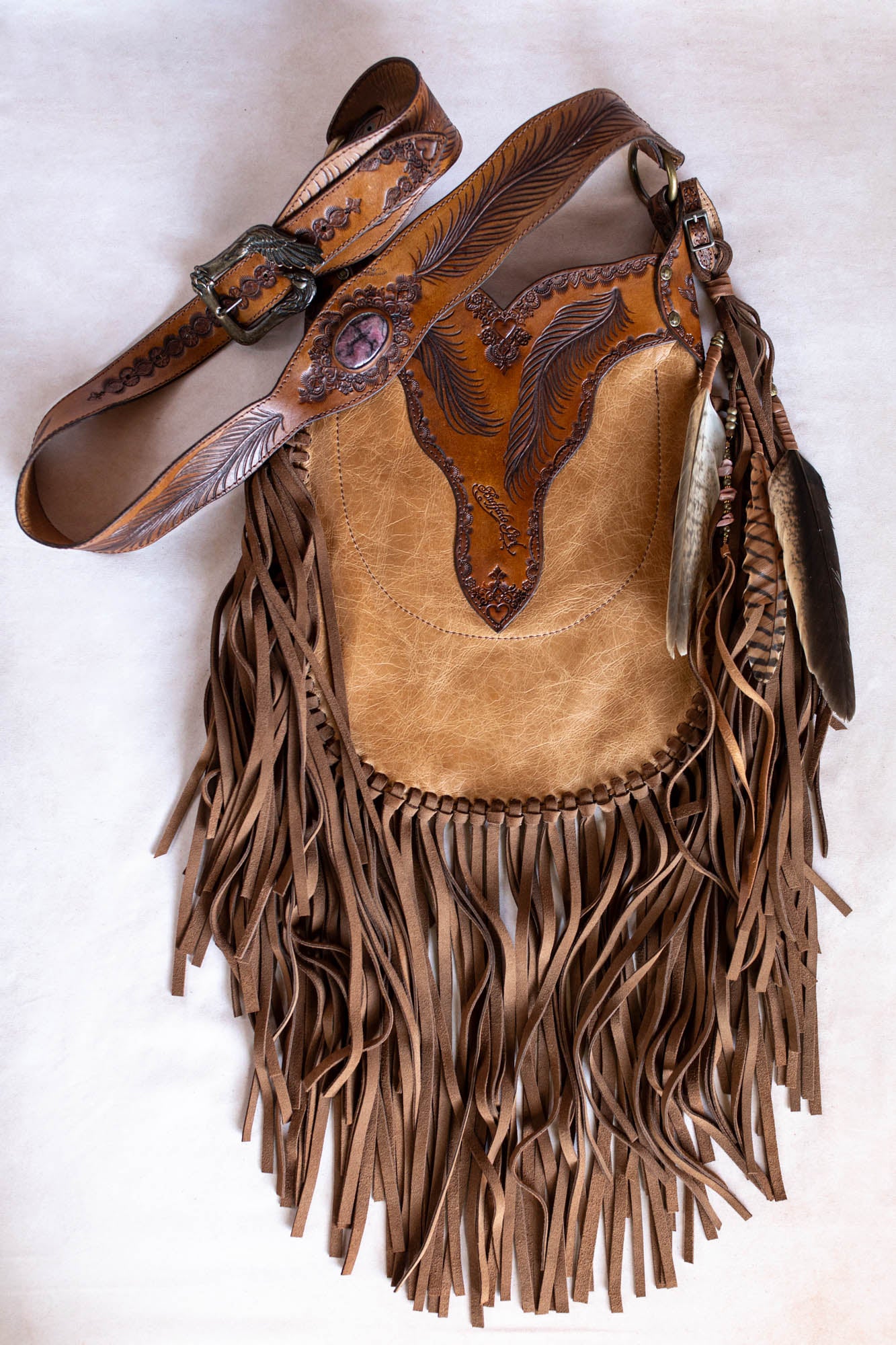 Apache Tasselled Bag with Pink Rhodonite