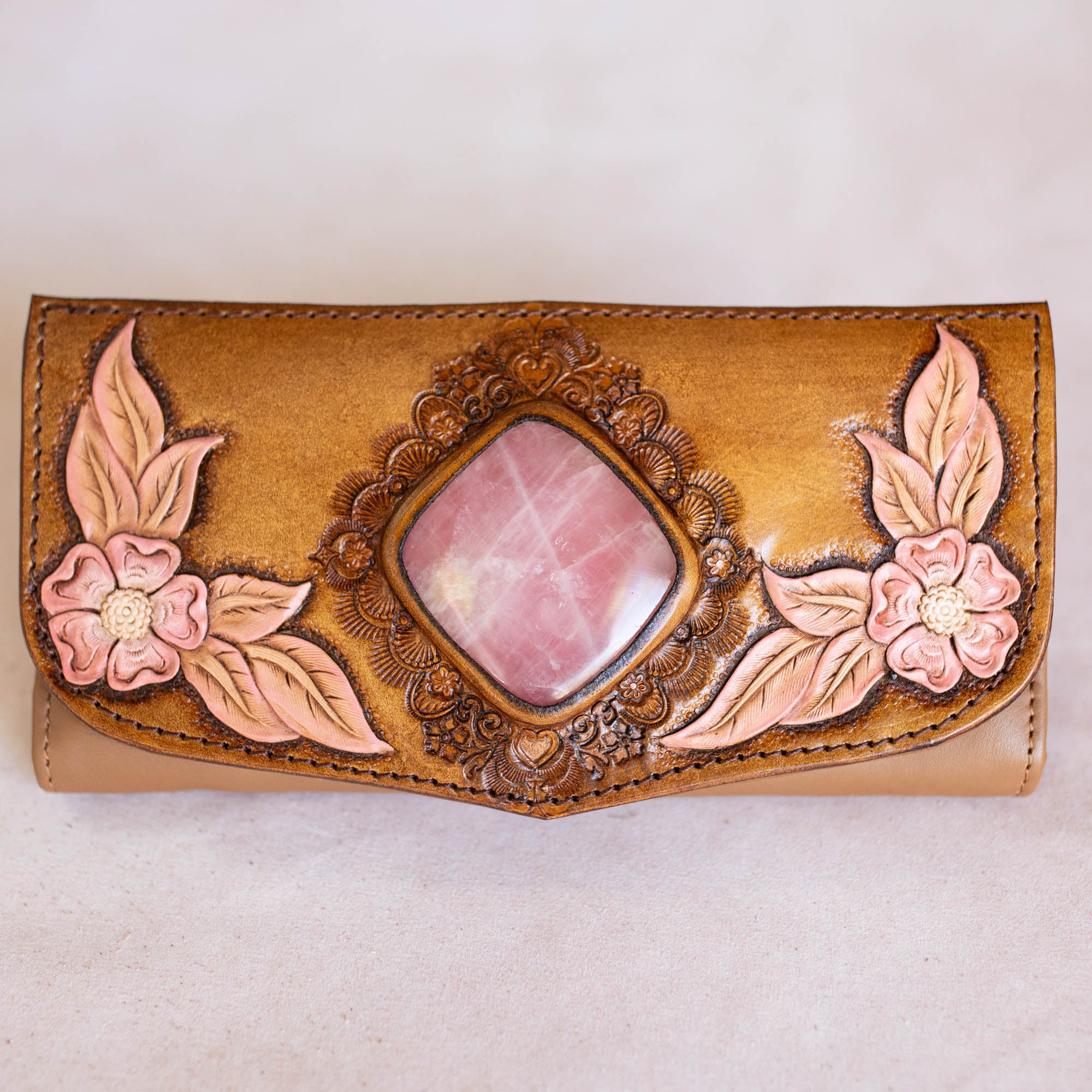 Hand Painted Flower Wallet with Rose Quartz