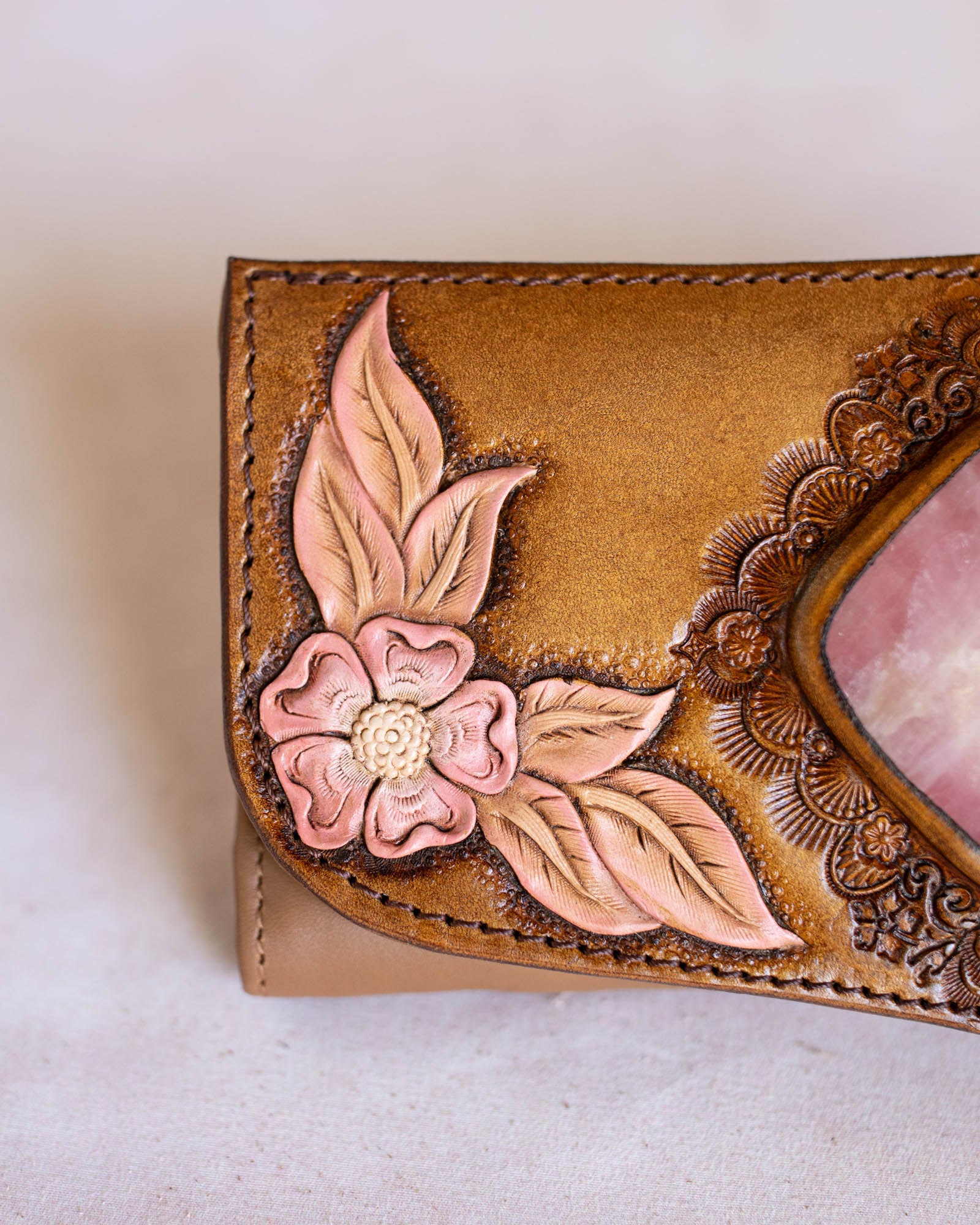 Hand Painted Flower Wallet with Rose Quartz