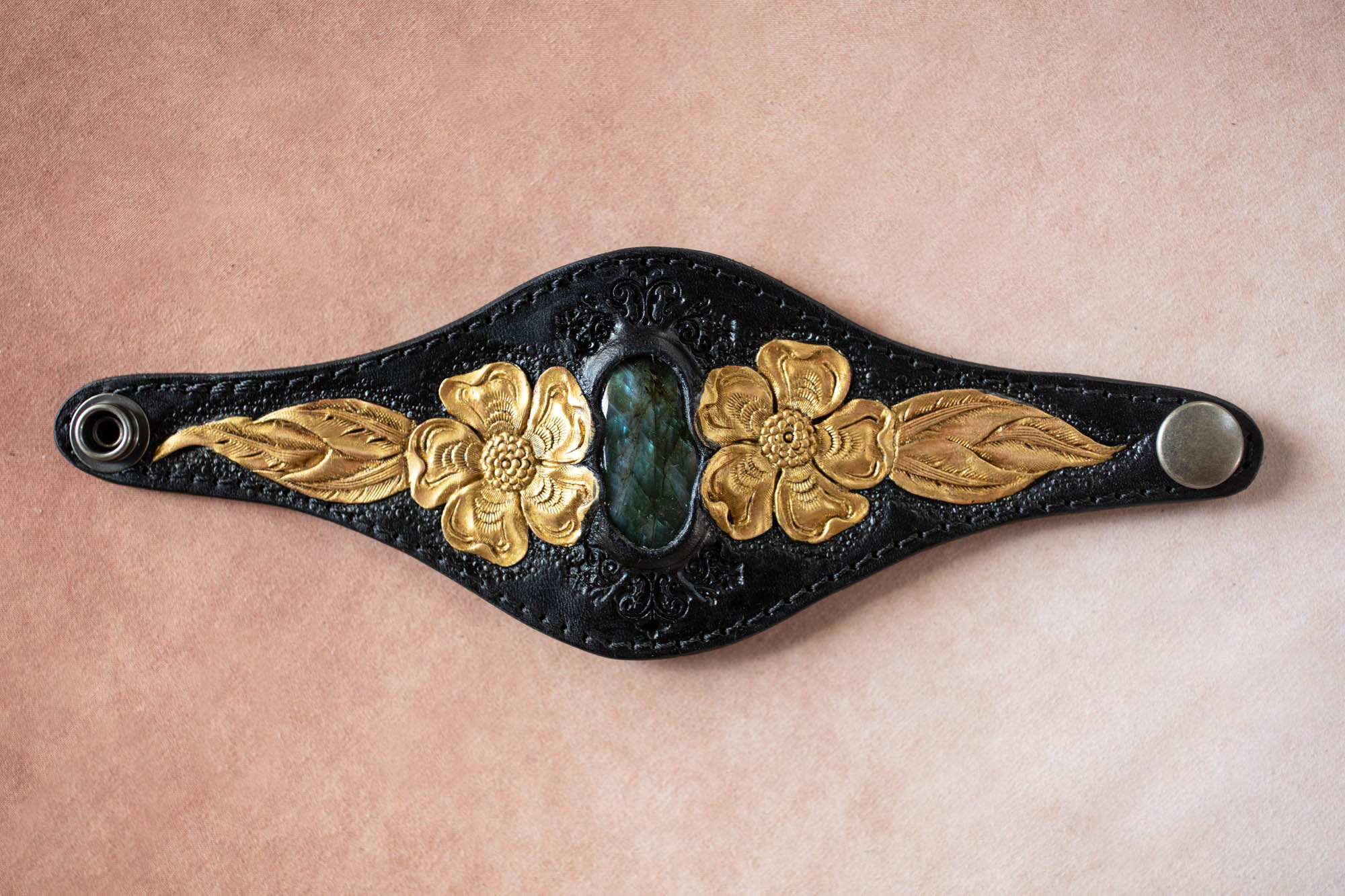 Black & Gold Flower Cuff with Labradorite