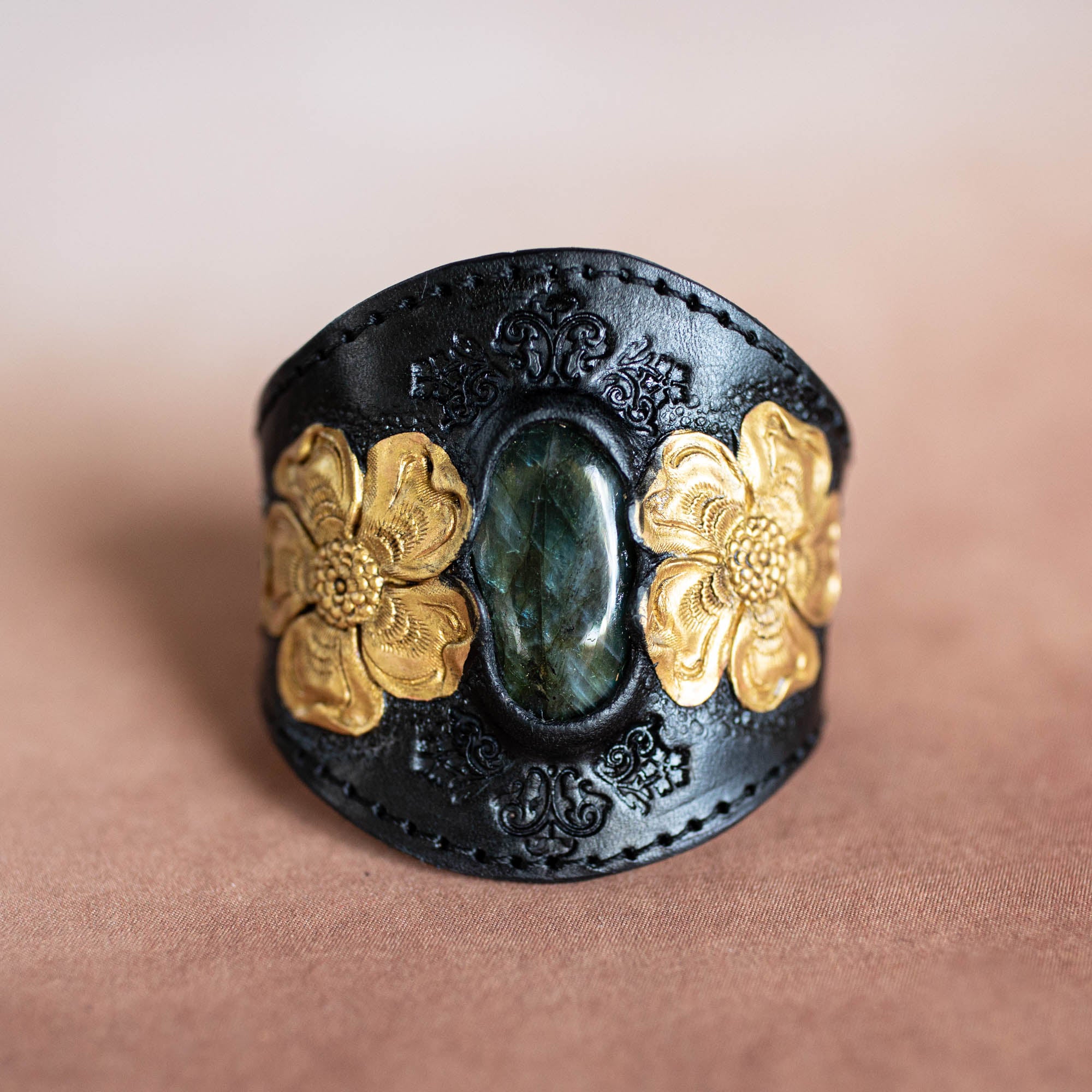 Black & Gold Flower Cuff with Labradorite