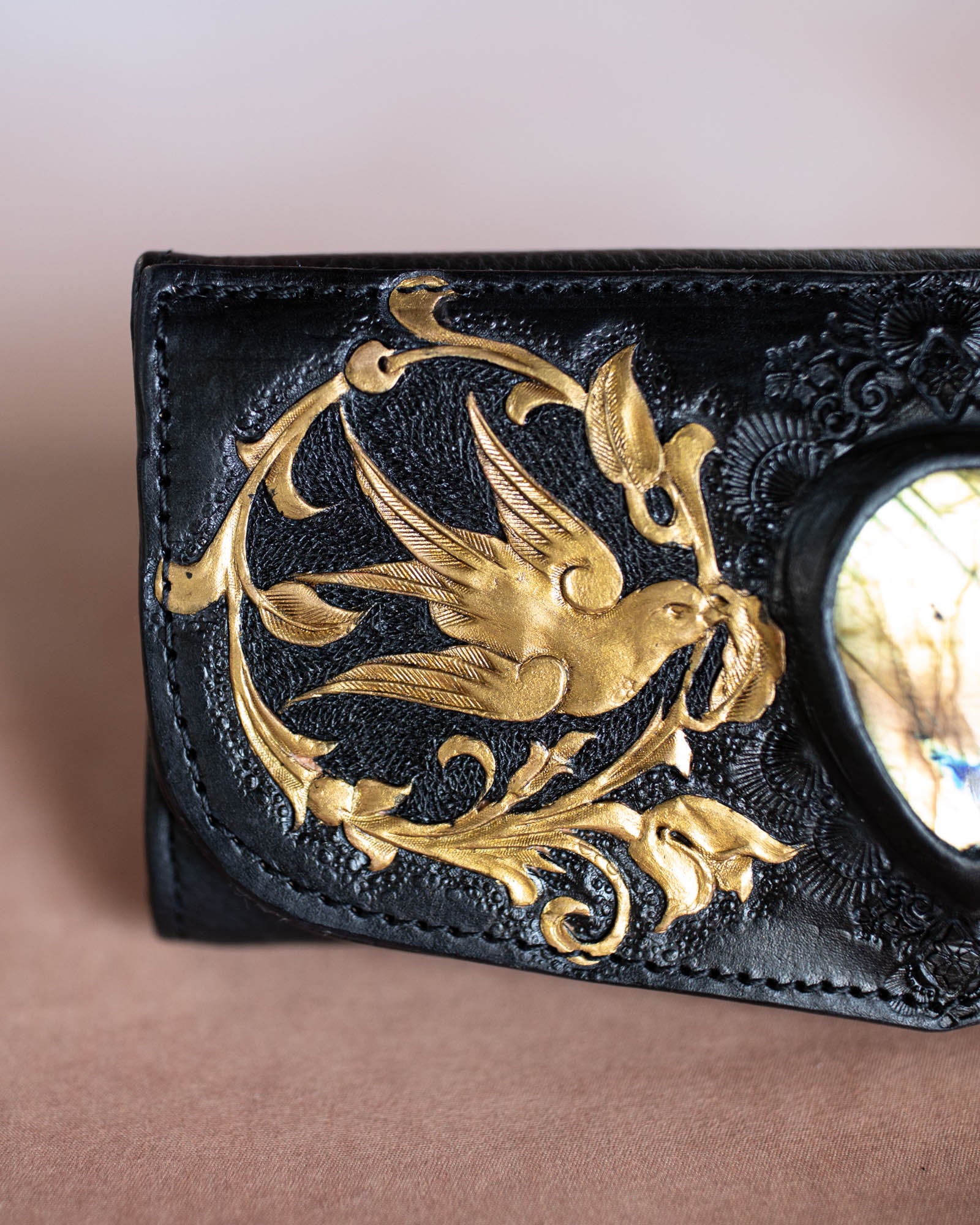 Black & Gold Swallow Wallet with Labradorite