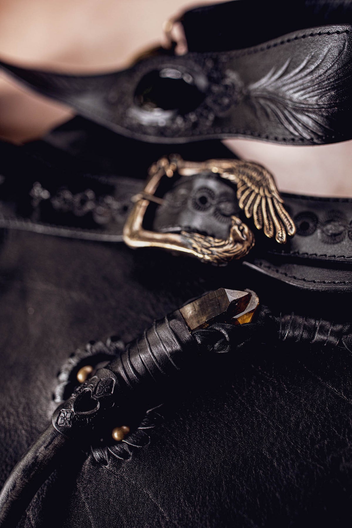 Black Magic Nomad Bag with Stag Horn & Smoky Quartz Wand