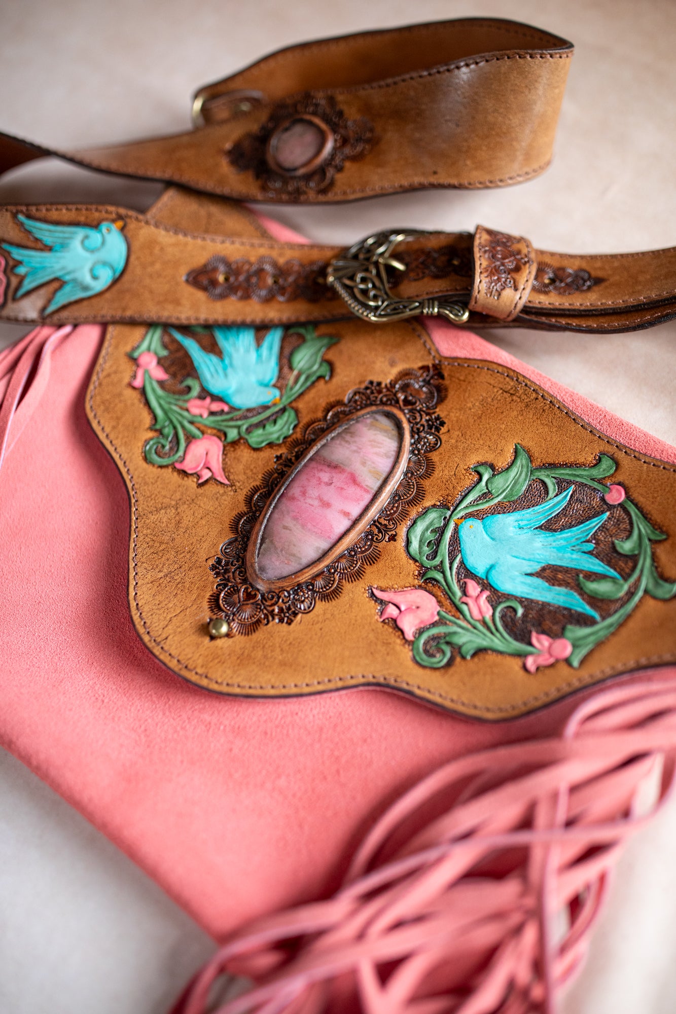 Coral Gypsy Wanderer Bag with Pink Rhodonite