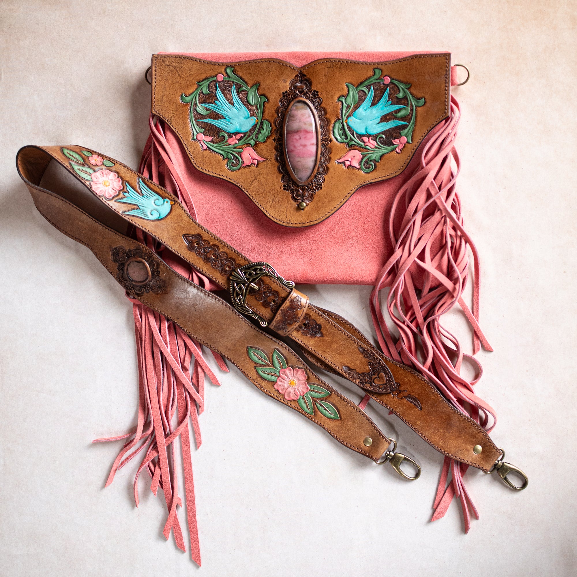 Coral Gypsy Wanderer Bag with Pink Rhodonite