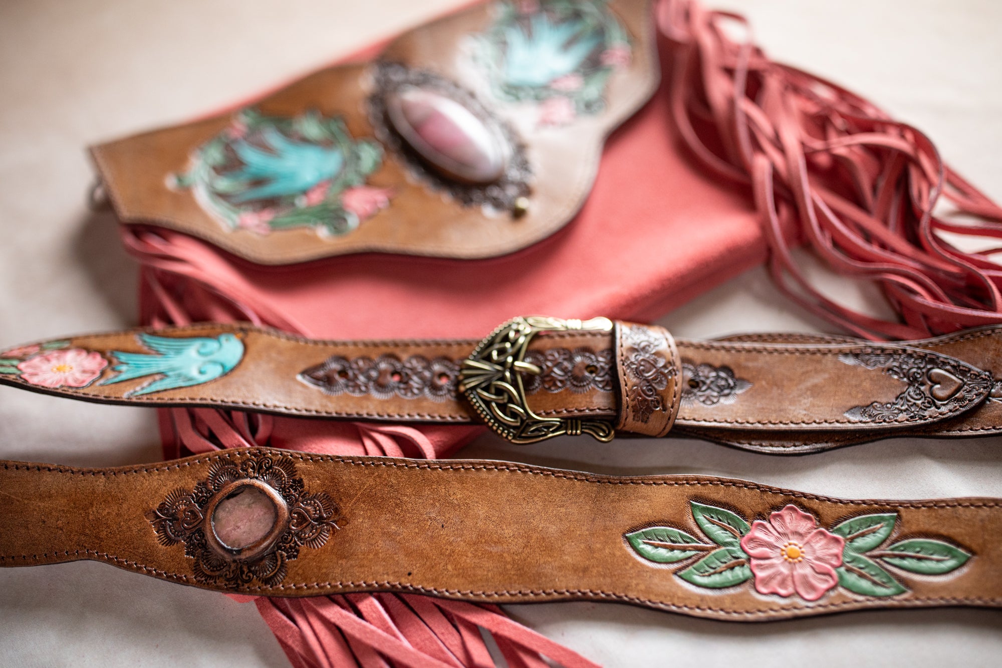 Coral Gypsy Wanderer Bag with Pink Rhodonite