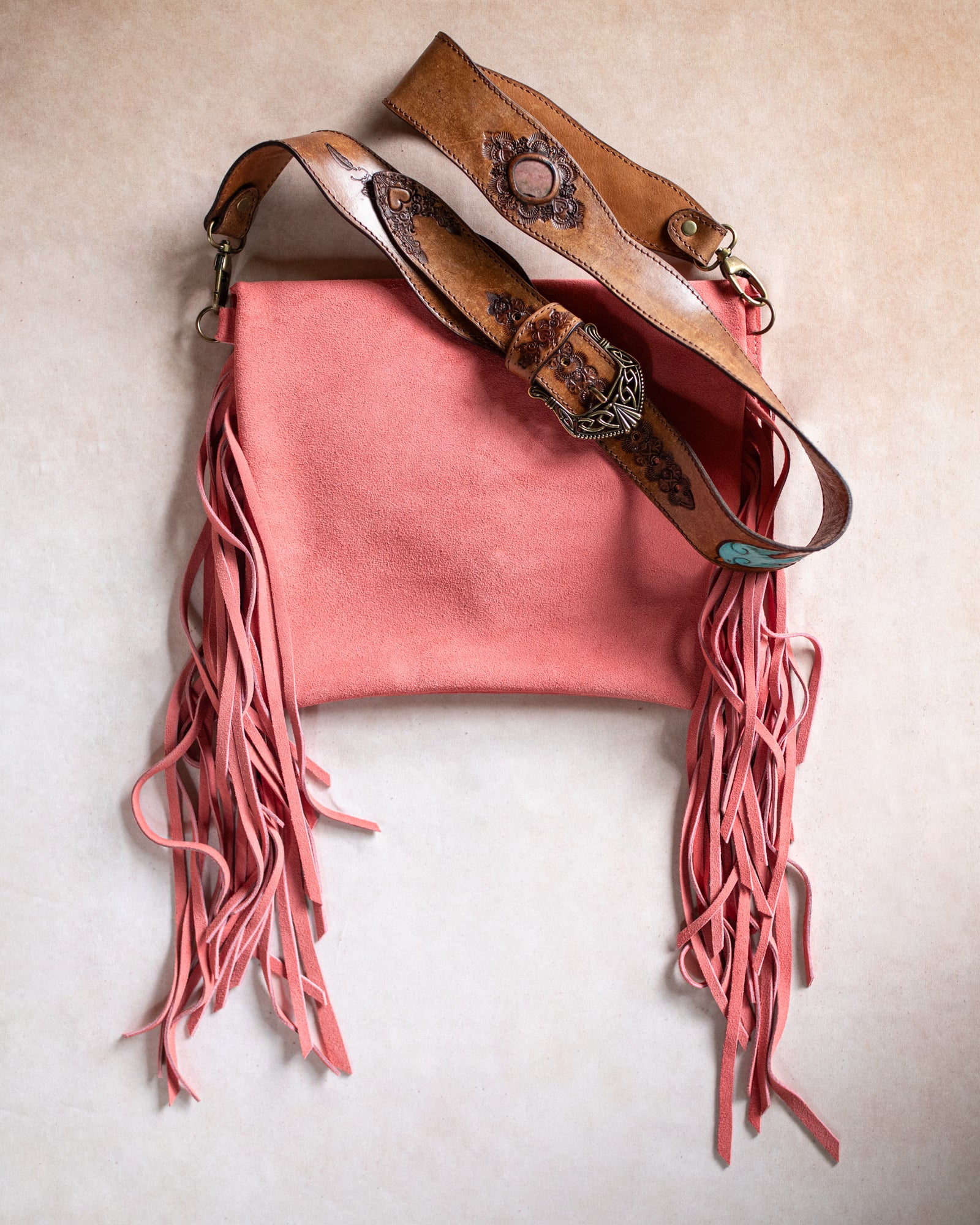 Coral Gypsy Wanderer Bag with Pink Rhodonite