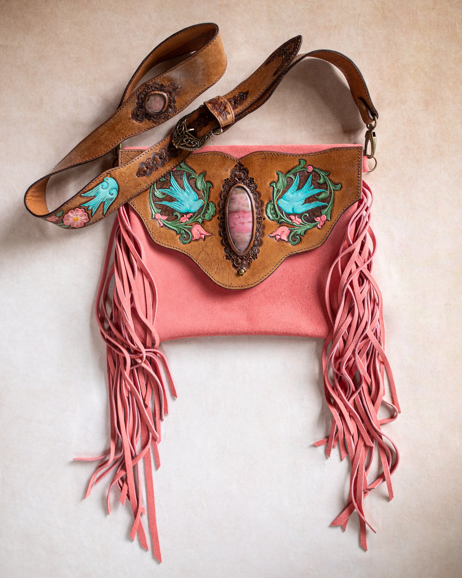 Coral Gypsy Wanderer Bag with Pink Rhodonite