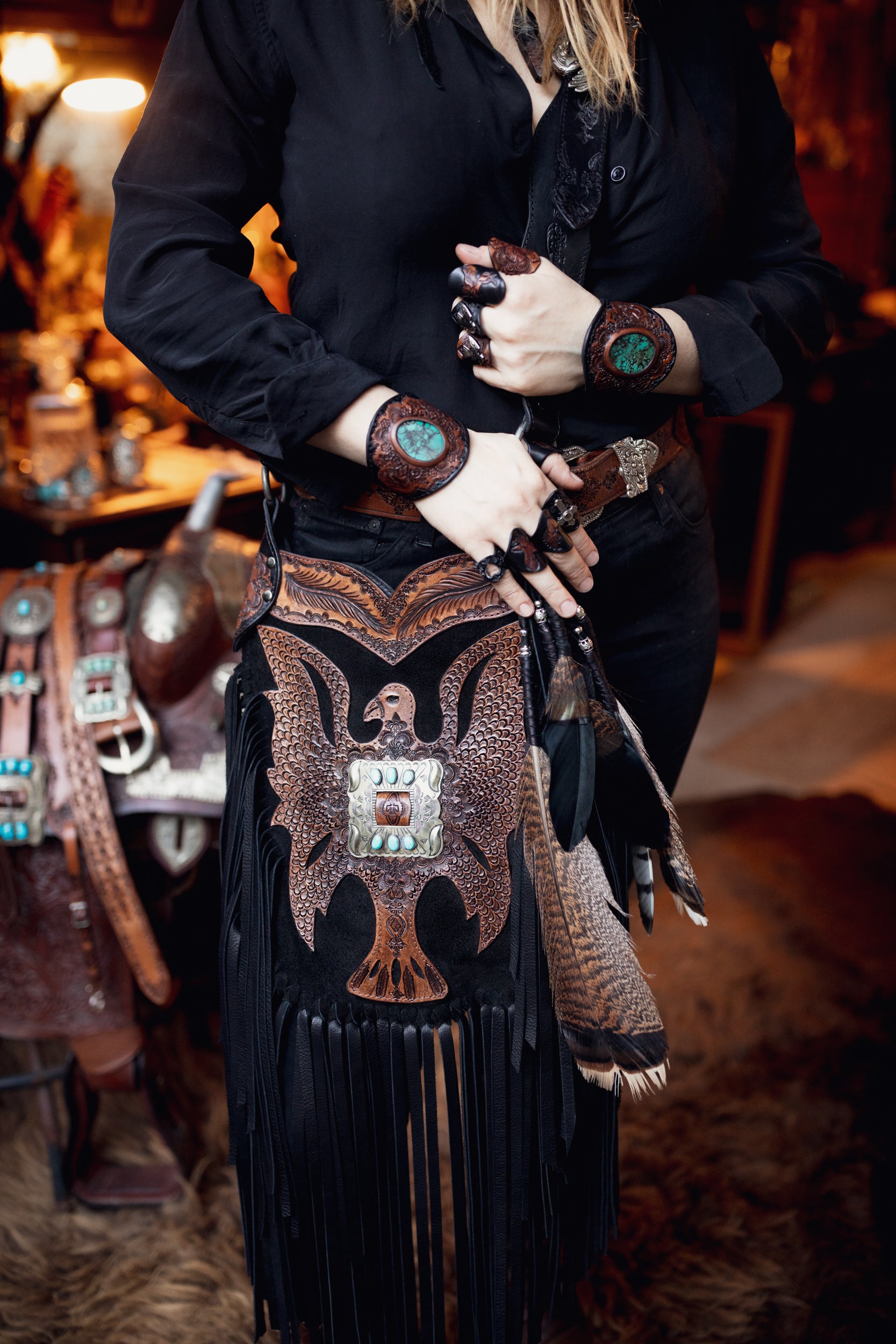 Black Bay Apache Eagle Bag with Navajo Conchos