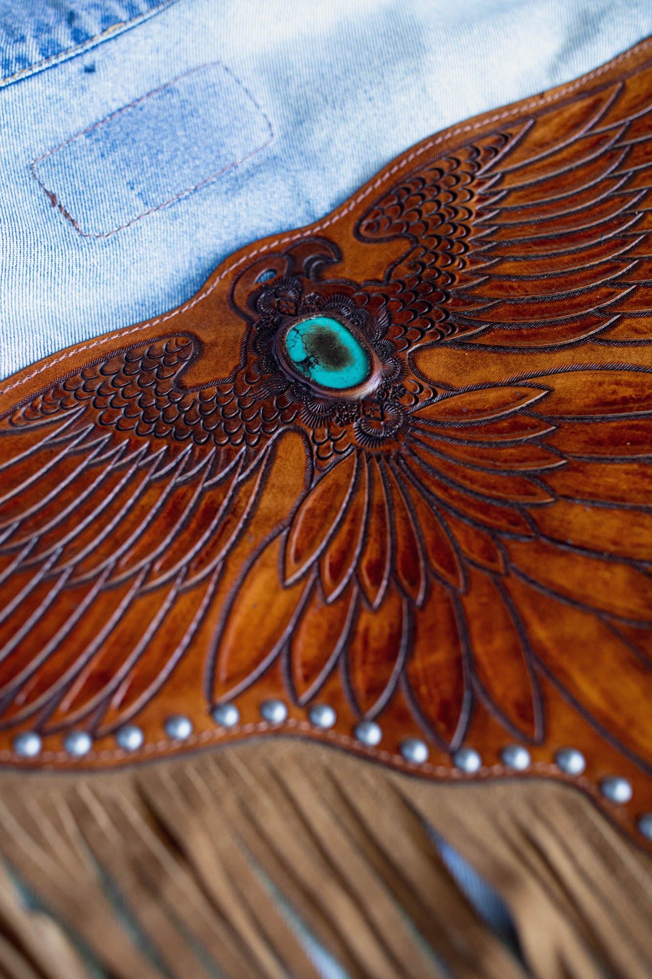 Blue Denim Easy Rider Tasseled Eagle Jacket with Hidden Horse Patch