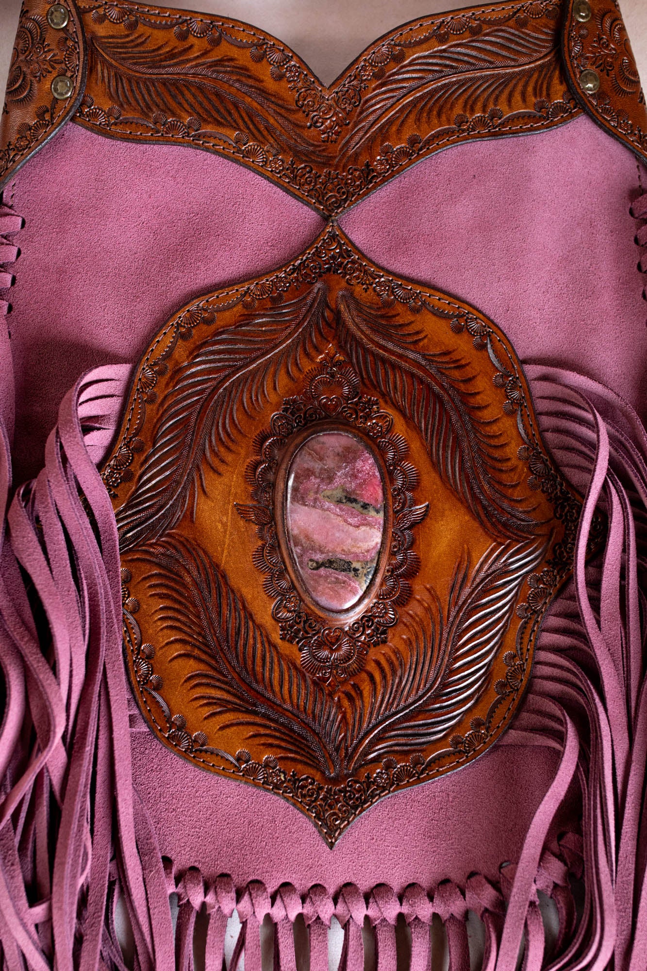 Apache Tasselled Bag with Pink Rhodonite