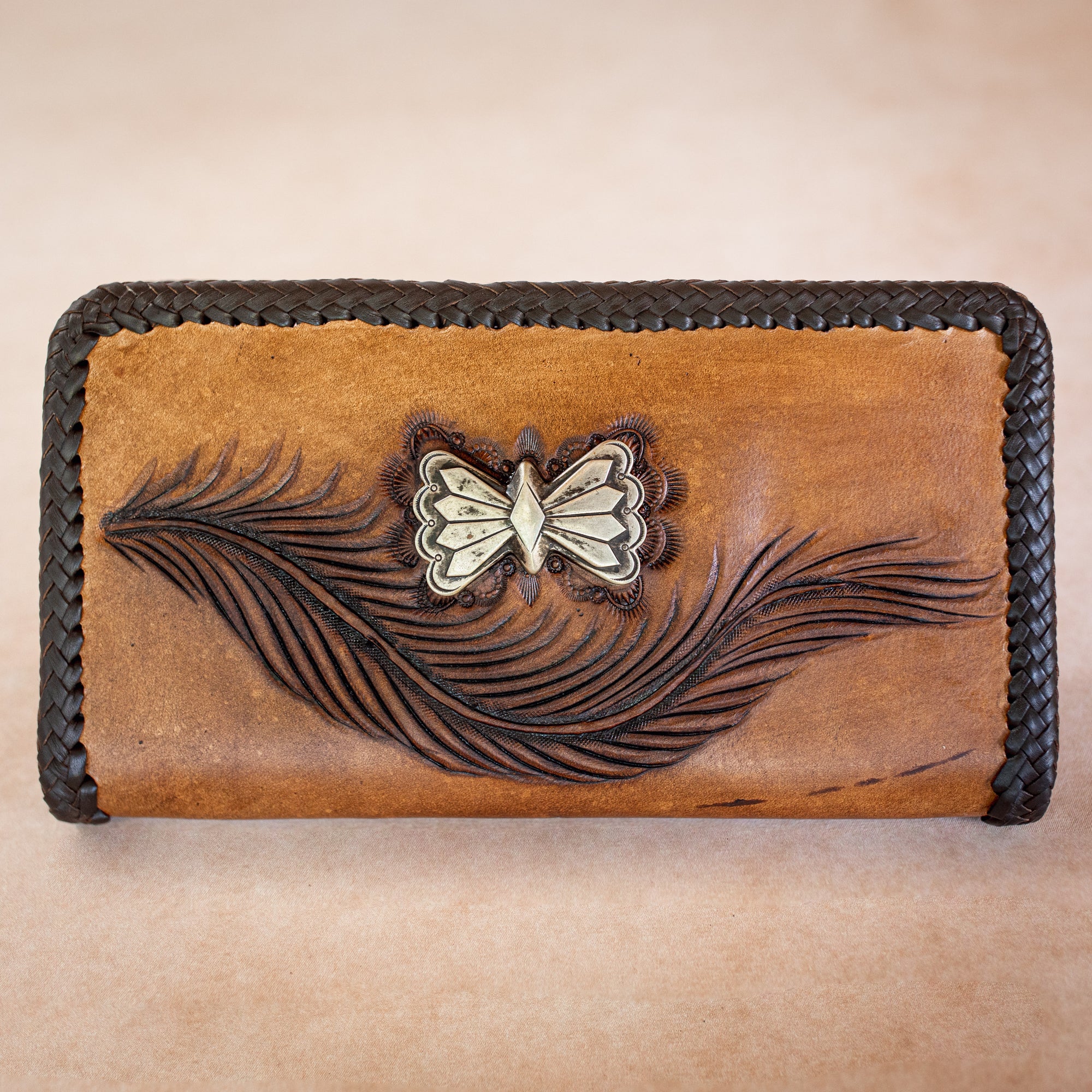 Large Eagle Feather Zip Wallet with Navajo Concho