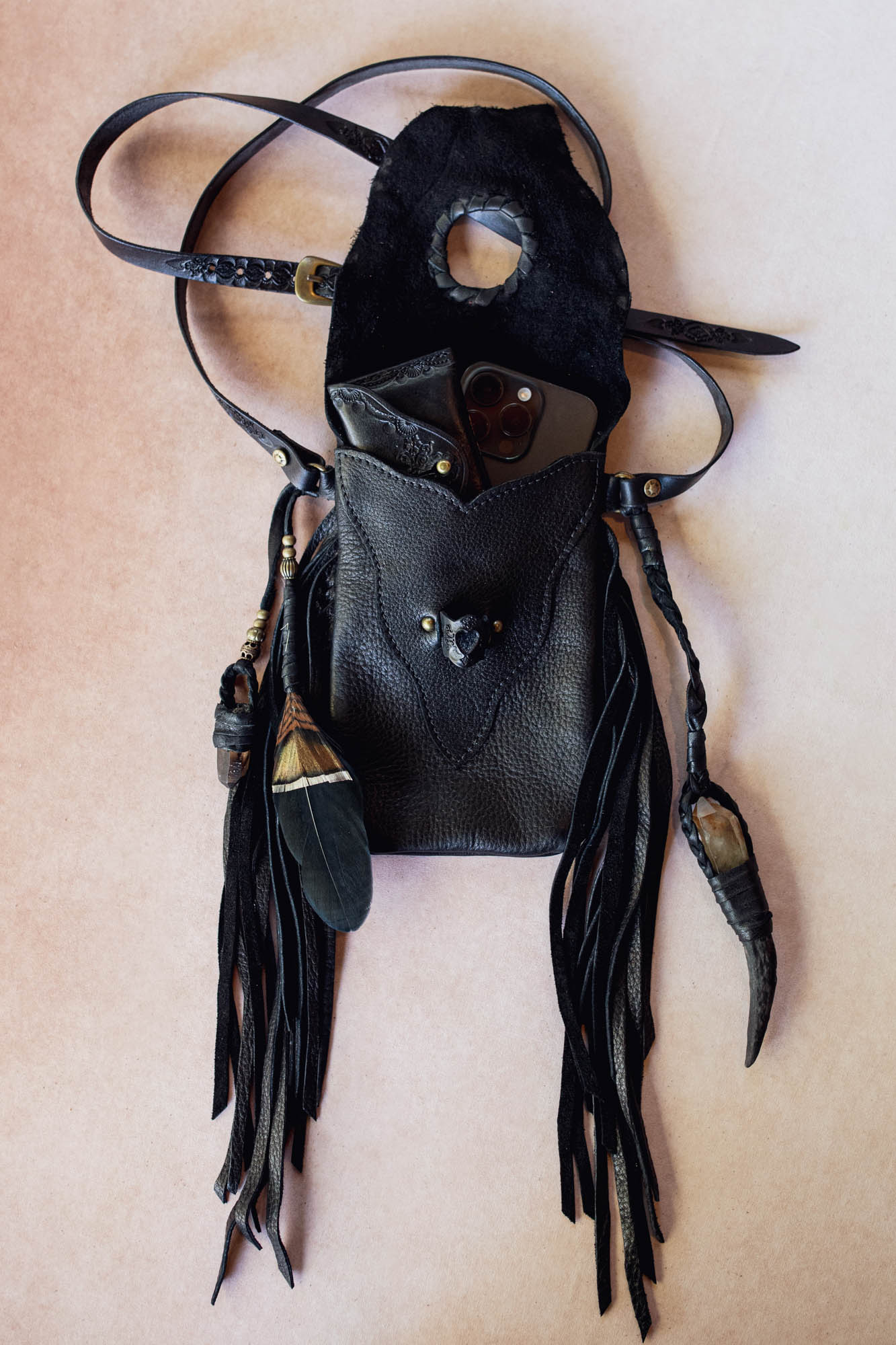Nomad Phone Pouch with Stag Horn & Smoky Quartz Wand