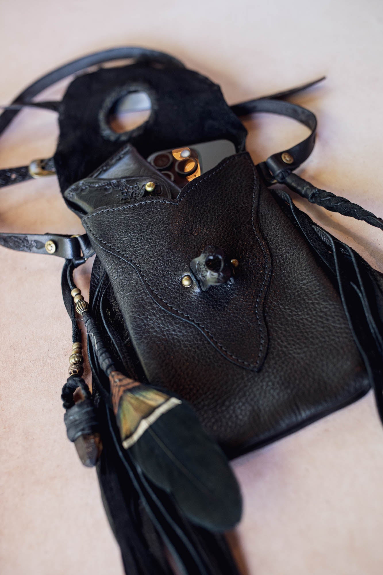 Nomad Phone Pouch with Stag Horn & Smoky Quartz Wand