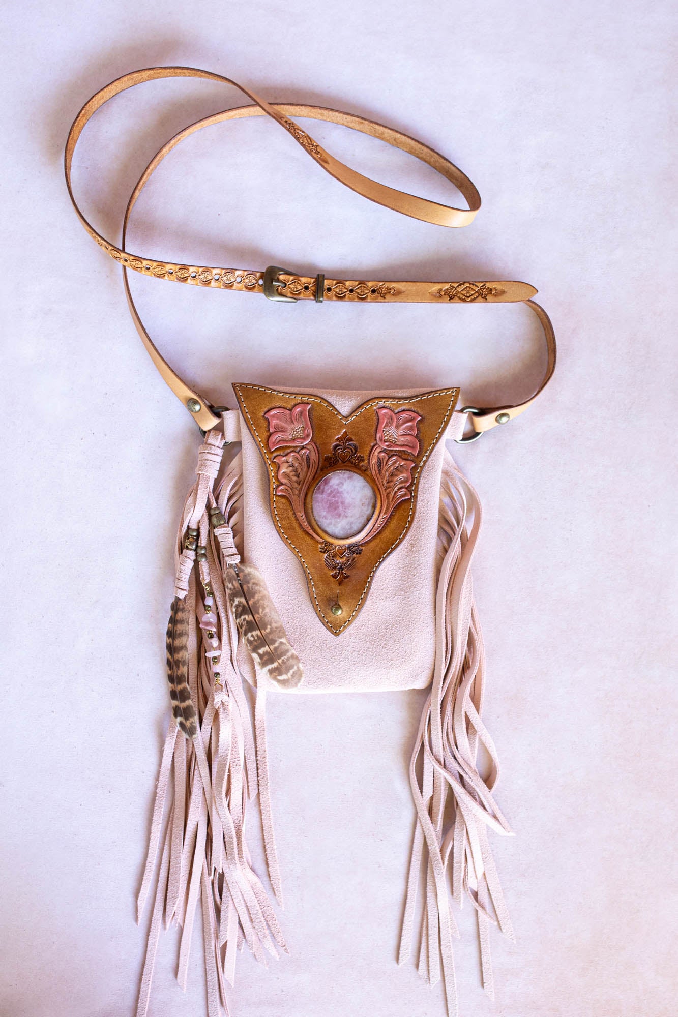 Western Floral Gypsy Wanderer Phone Pouch with Rose Quartz