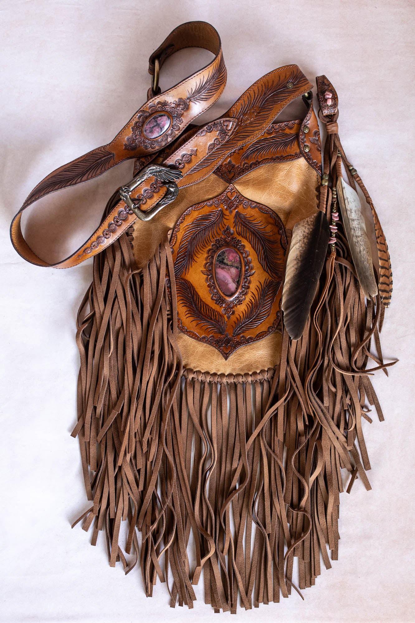 Apache Tasselled Bag with Pink Rhodonite