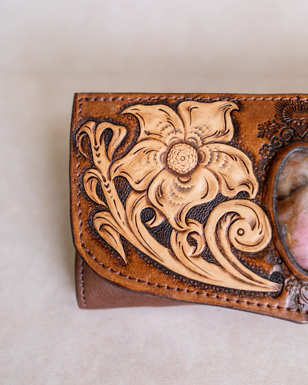 Floral Carving Wallet with Pink Rhodonite