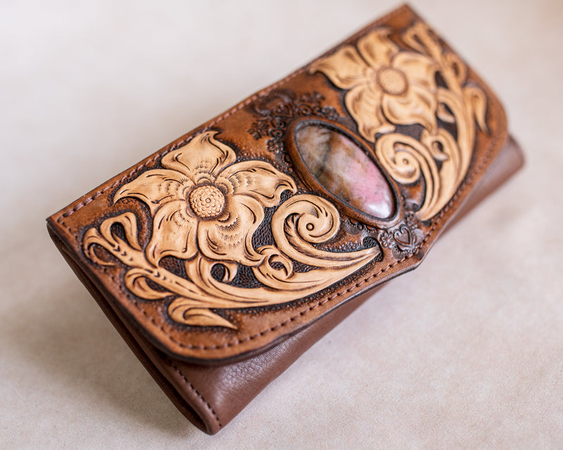 Floral Carving Wallet with Pink Rhodonite