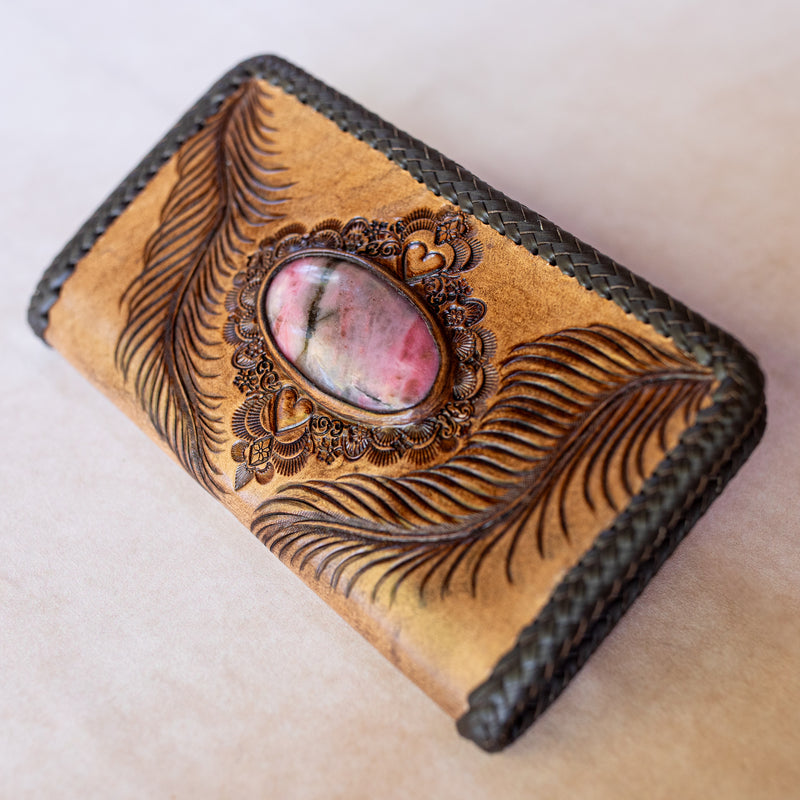 Large Eagle Feather Wallet with Pink Rhodonite