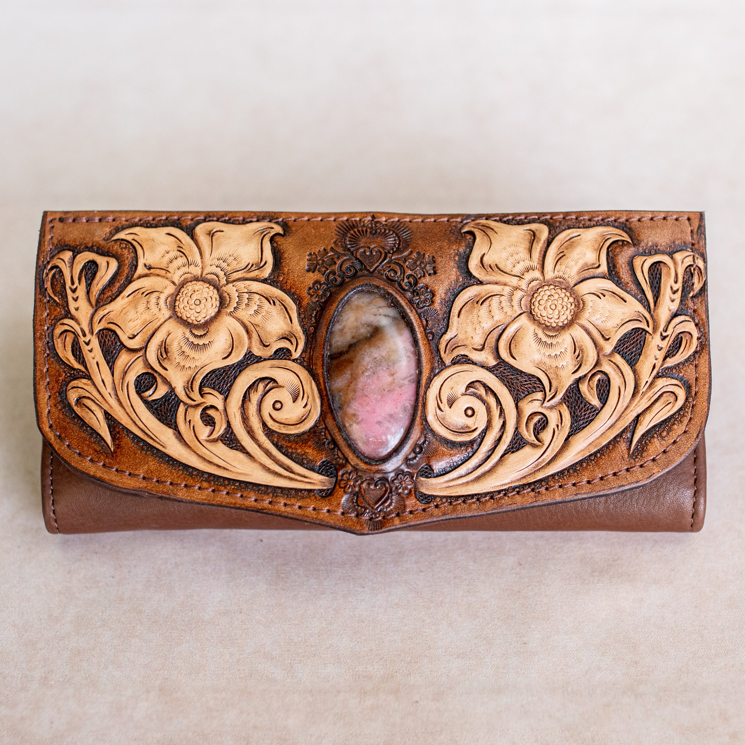 Floral Carving Wallet with Pink Rhodonite