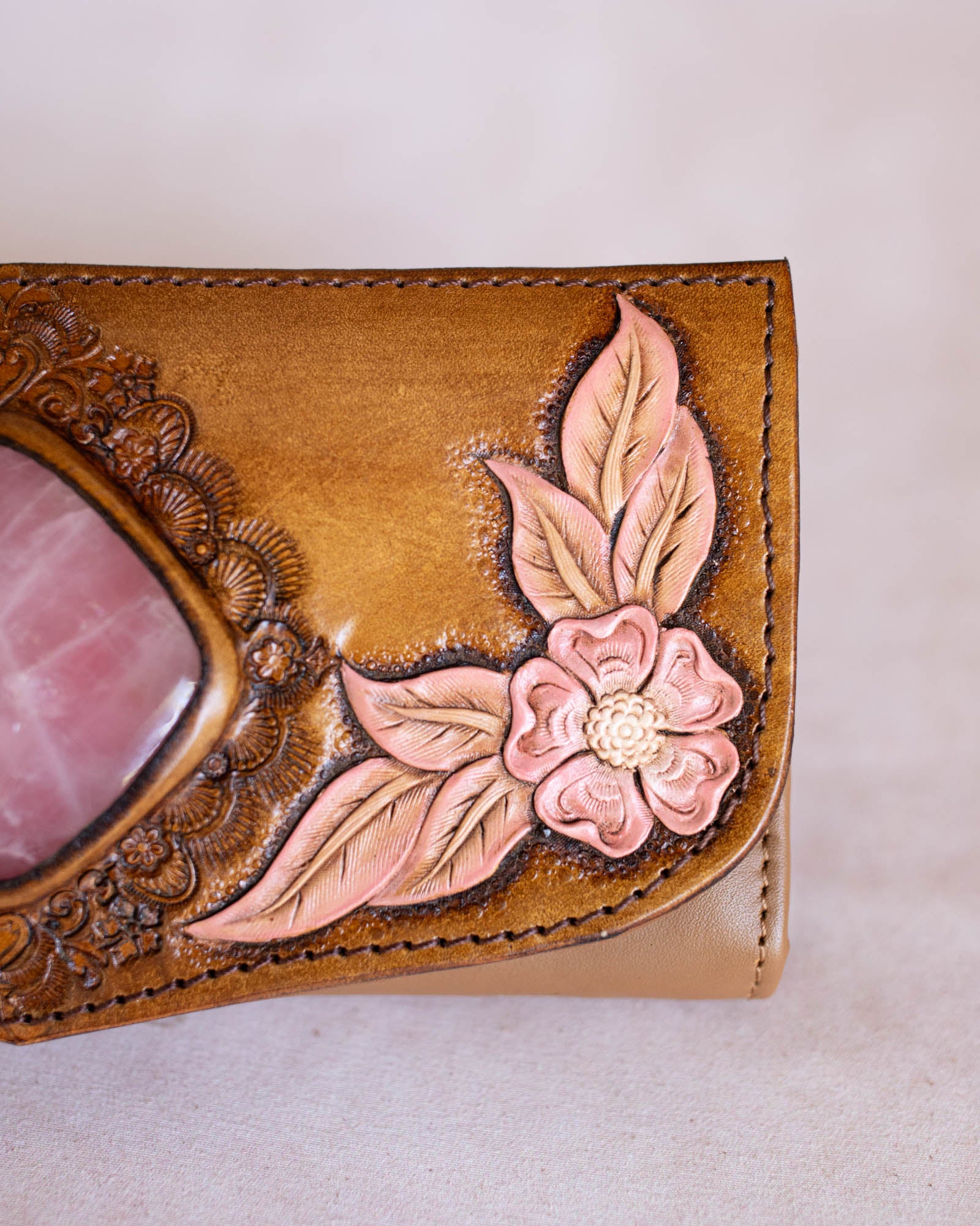 Hand Painted Flower Wallet with Rose Quartz