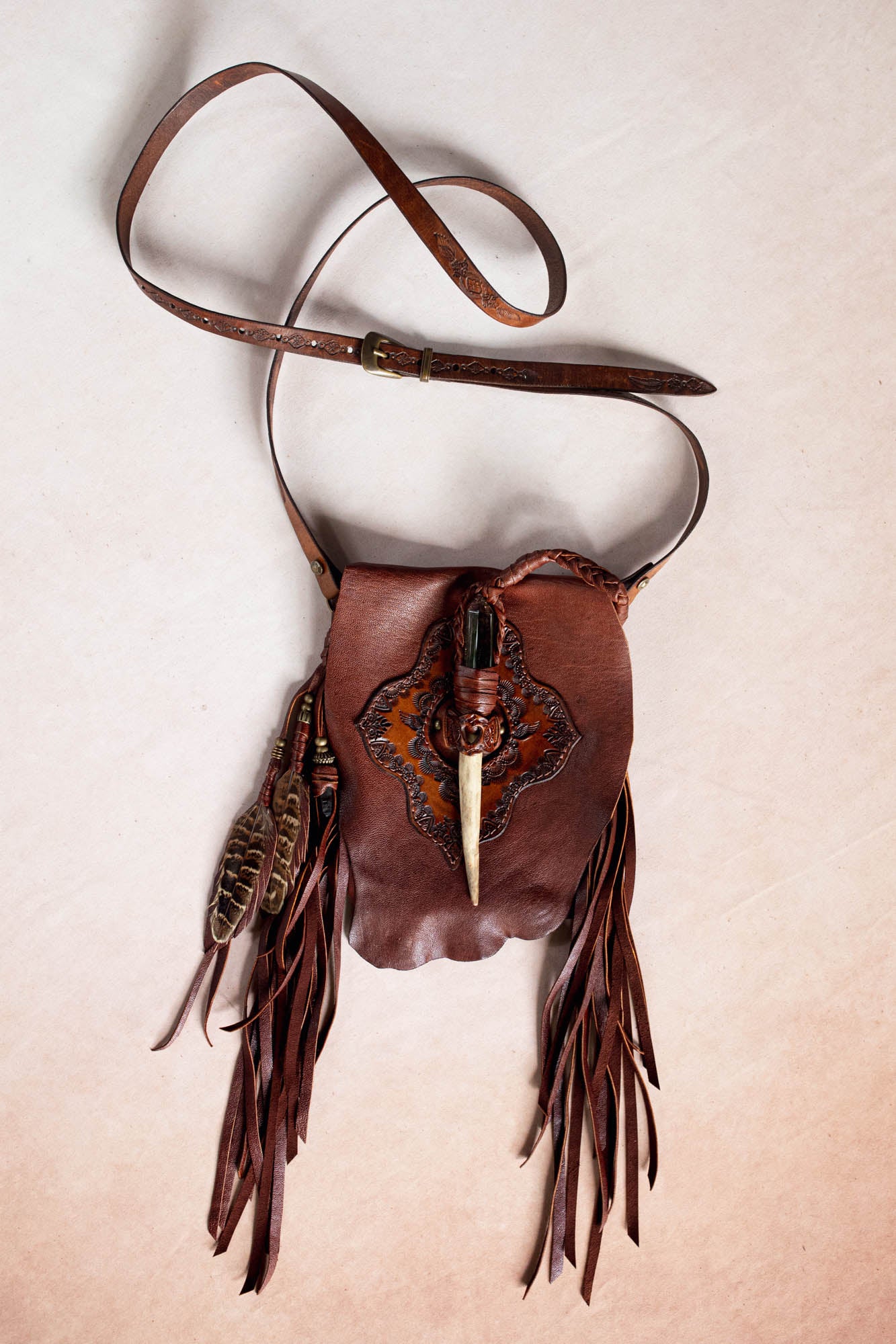 Nomad Phone Pouch with Stag Horn & Smoky Quartz Wand