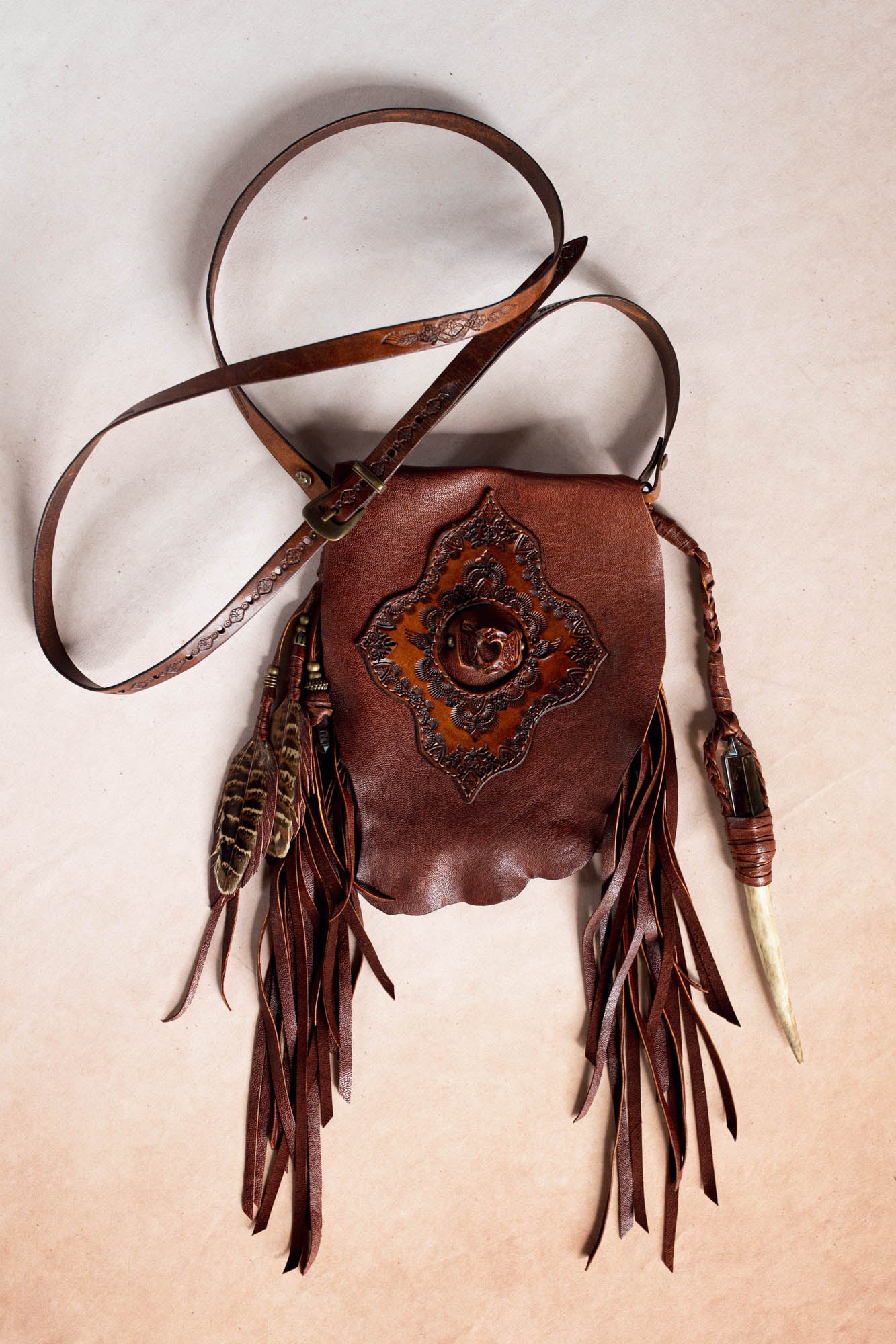Nomad Phone Pouch with Stag Horn & Smoky Quartz Wand