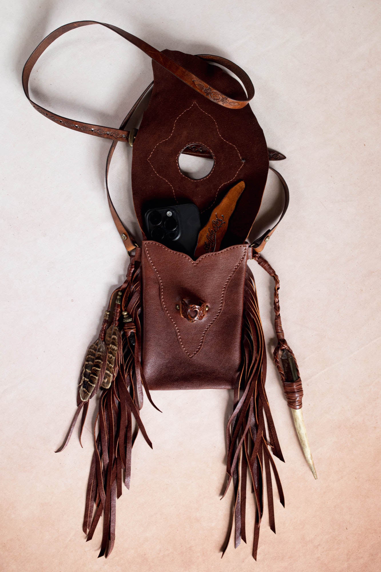Nomad Phone Pouch with Stag Horn & Smoky Quartz Wand