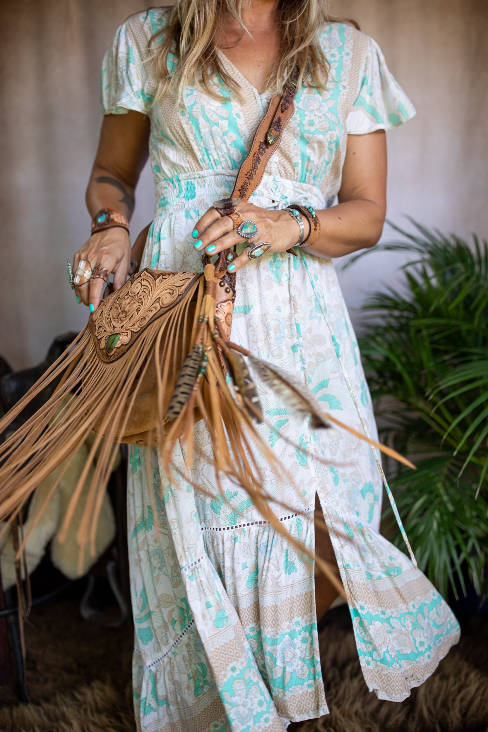 Western Floral Festival Bag with Turquoise